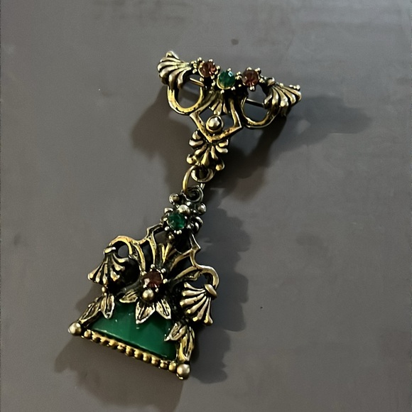 Antique Art Nouveau Floral Gold Plated Green Jade Bakelite Drop Brooch - Picture 5 of 15